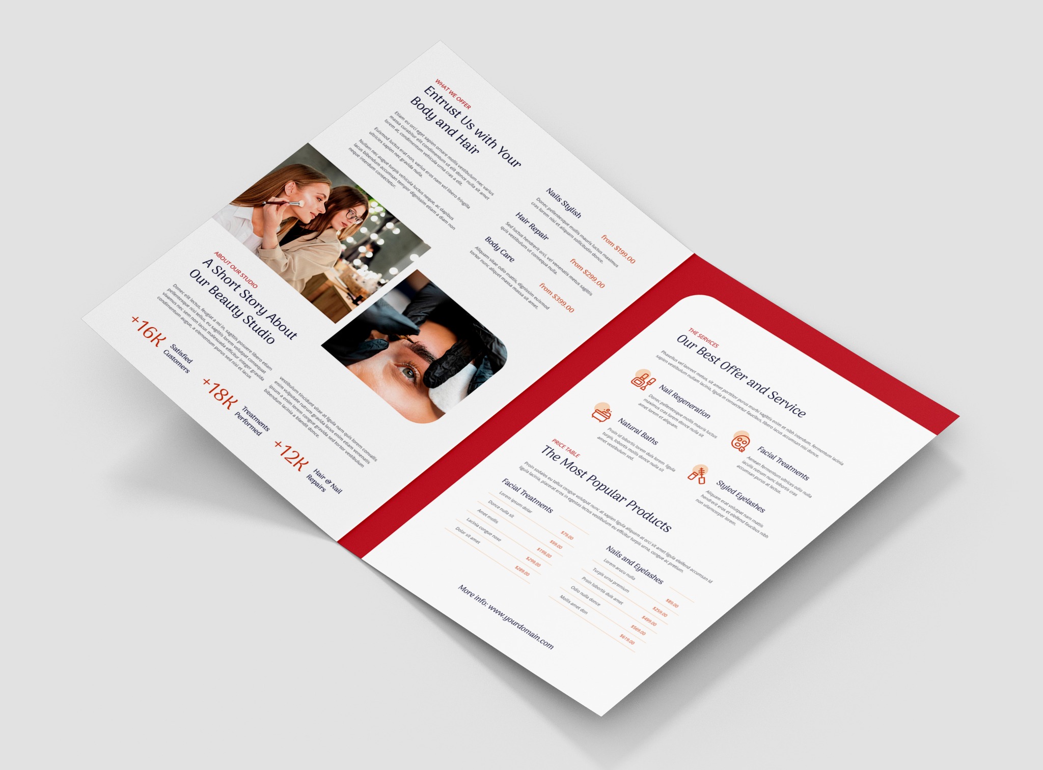 Dwustronicowa broszura reklamowa salonu piękności z ofertą zabiegów na twarz, ciało, włosy i paznokcie, prezentująca cennik i zdjęcia z wykonywanych usług.