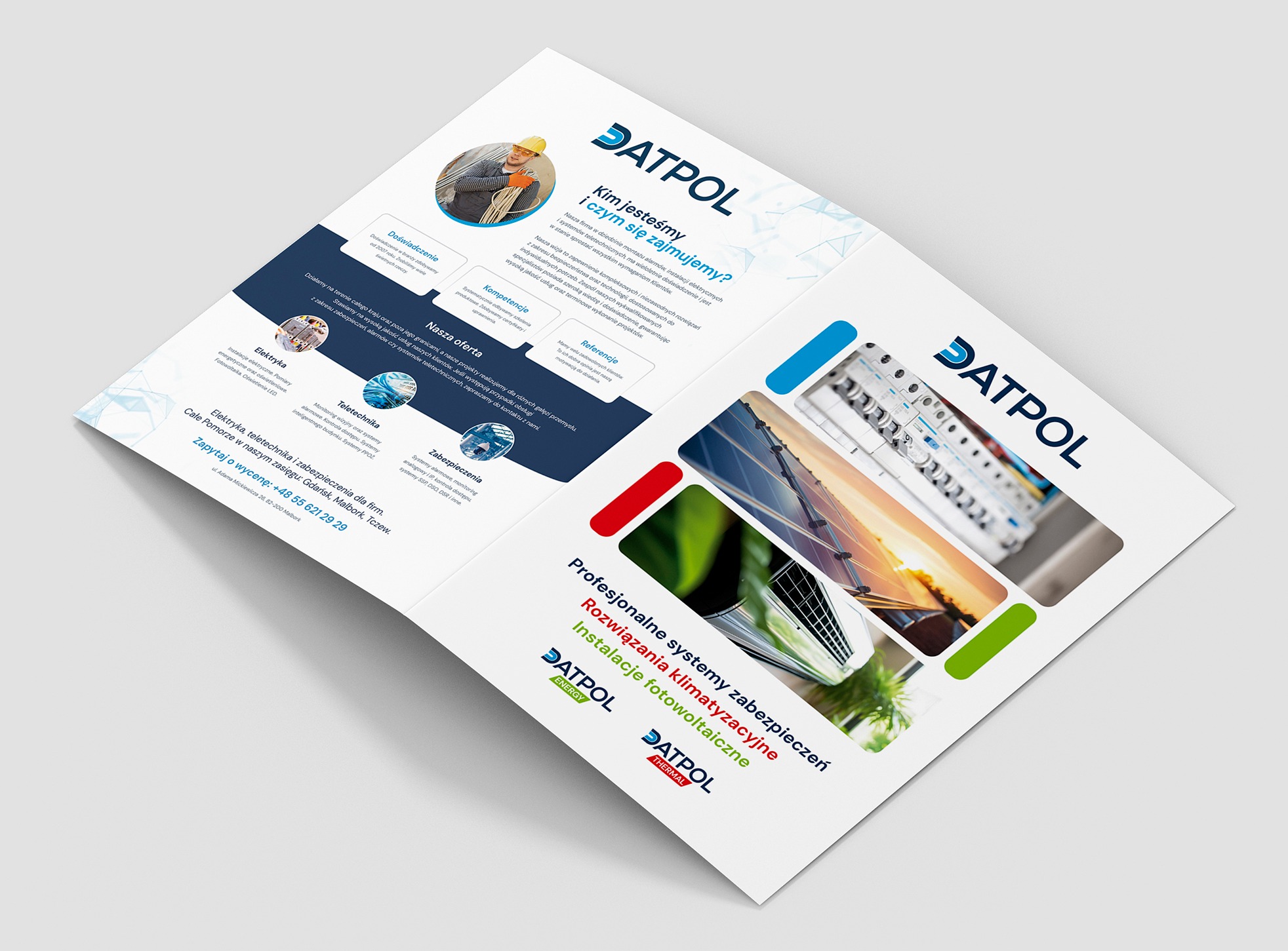 Rozłożona broszura A4 firmy Datopol, prezentująca ofertę usług z zakresu elektryki, teletechniki, zabezpieczeń, klimatyzacji i fotowoltaiki. Na stronie wewnętrznej zdjęcia instalacji i pracownika...