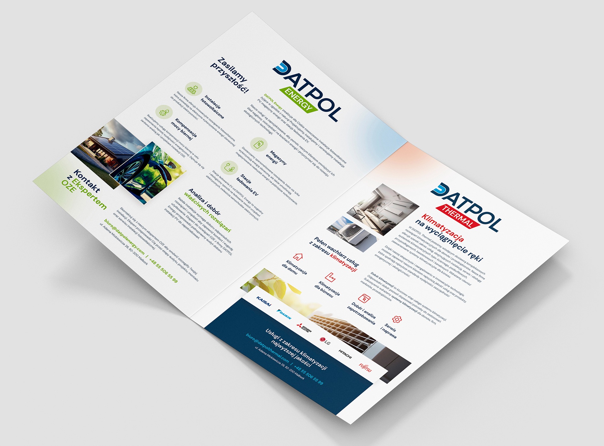 Rozłożona broszura A4 firmy Datopol, prezentująca usługi z zakresu fotowoltaiki i klimatyzacji, z logo firmy i hasłami reklamowymi.