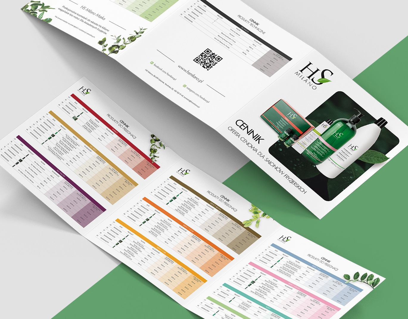 Broszura składana na 3 części w formie kwadratu wykonana dla HS Milano oferująca kosmetyki.