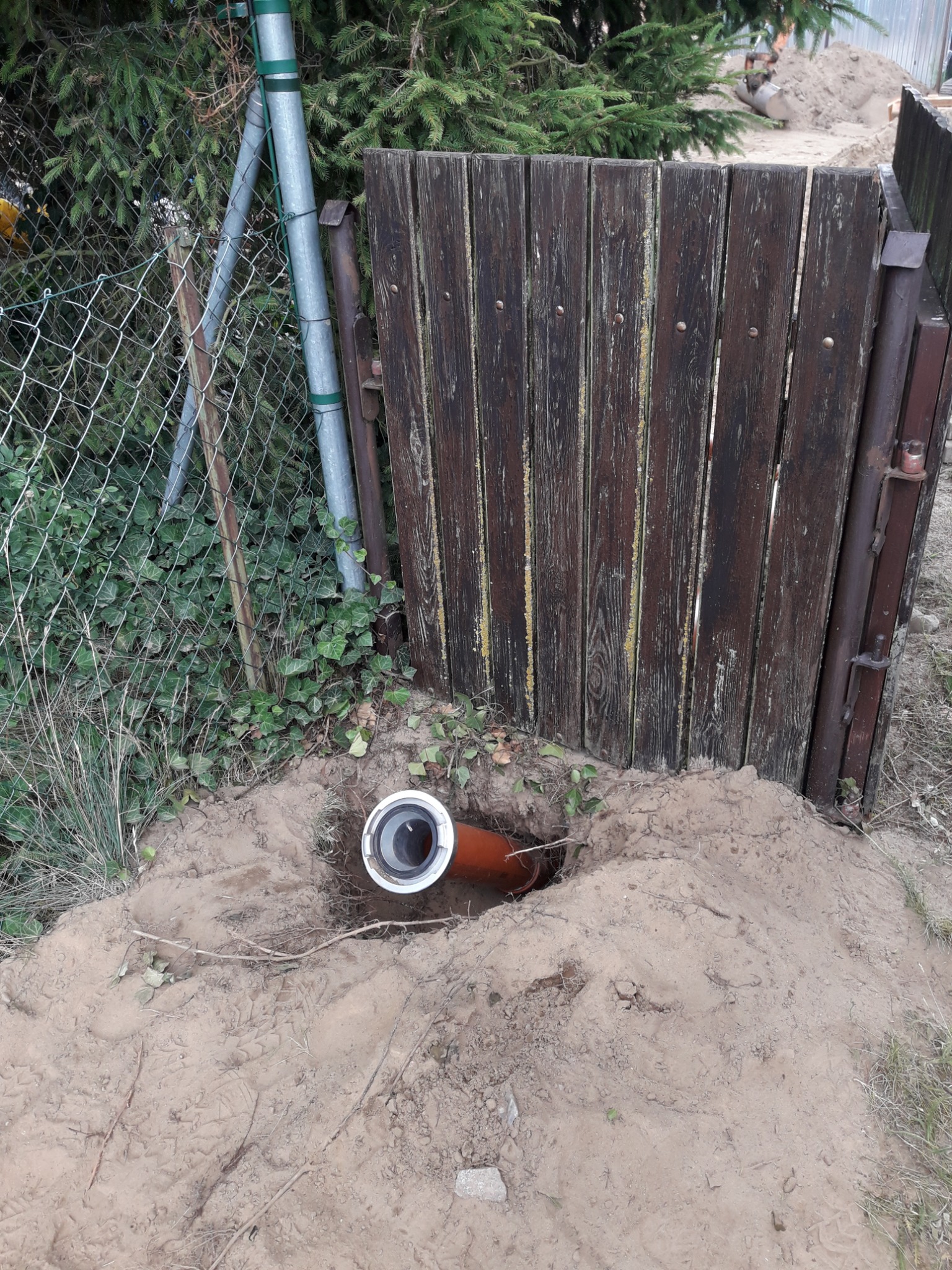 Brązowa rura kanalizacyjna wystająca z wykopu w ziemi, widoczna obok drewnianego płotu i metalowej siatki, z zielenią w tle.