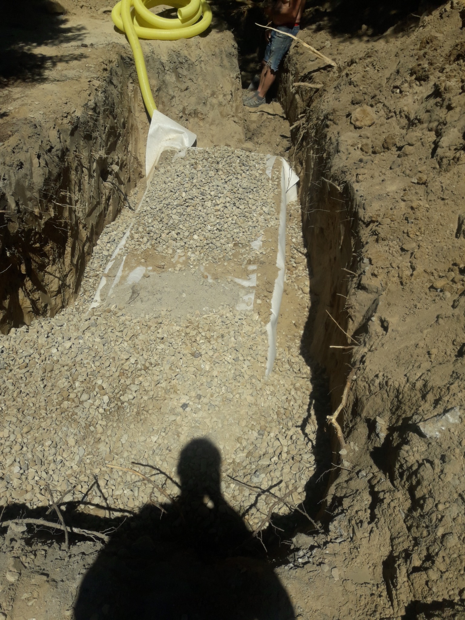 Wykopany rów wypełniony żwirem, zabezpieczony geowłókniną, z widoczną żółtą rurą drenażową i cieniem osoby robiącej zdjęcie.