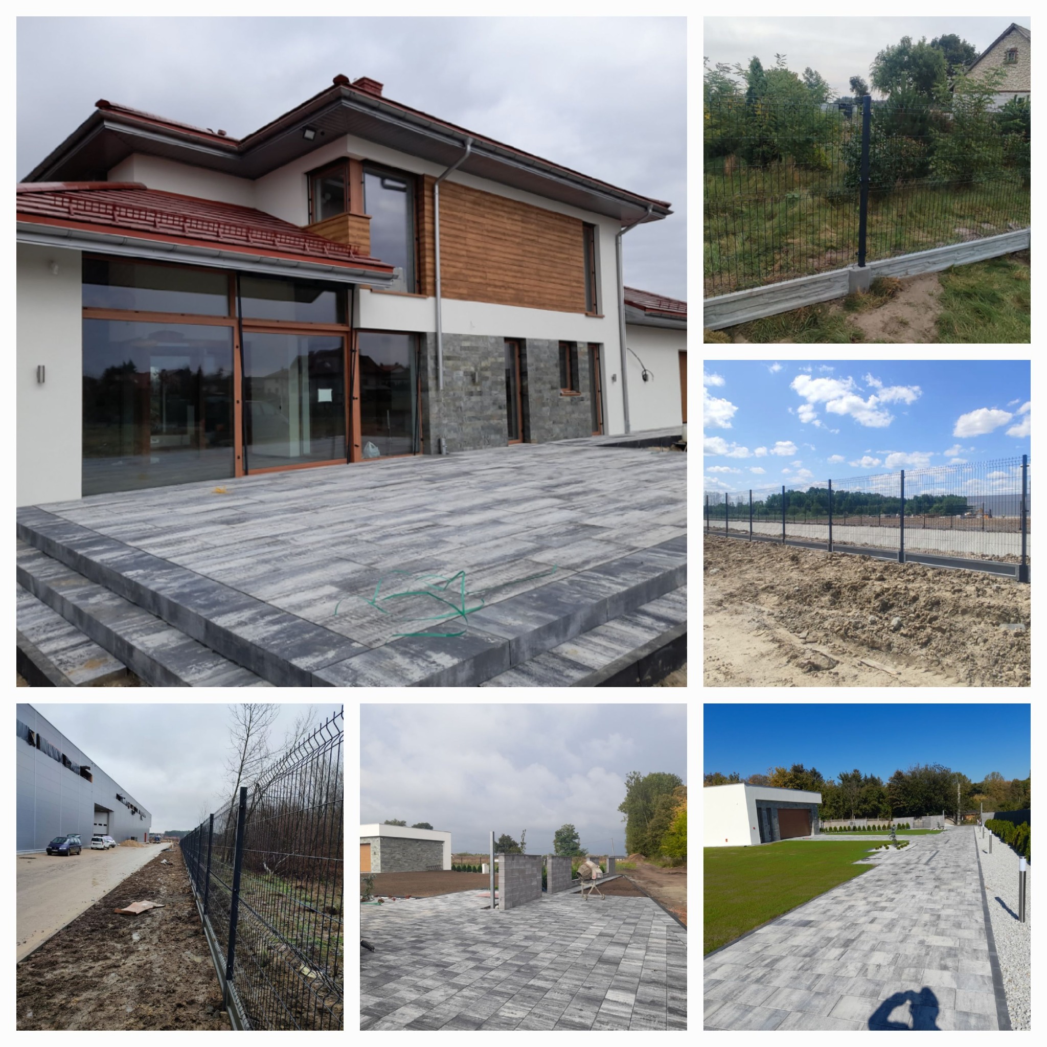 Kompozycja zdjęć z Aleksandrowa przedstawiająca ułożony taras z kostki brukowej z schodami przy nowoczesnym domu, fragmenty ogrodzeń panelowych w różnych lokalizacjach, oraz wybrukowany podjazd.