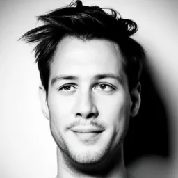 Portret młodego mężczyzny z rozwichrzonymi włosami, uśmiechającego się lekko, w czerni i bieli, oświetlonego z góry.