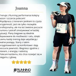 Running Performance - Biegaczka Joanna z medalem na szyi, po maratonie w Oslo, prezentuje rekomendację trenera z Running Performance. Widoczny numer startowy i logo firmy.