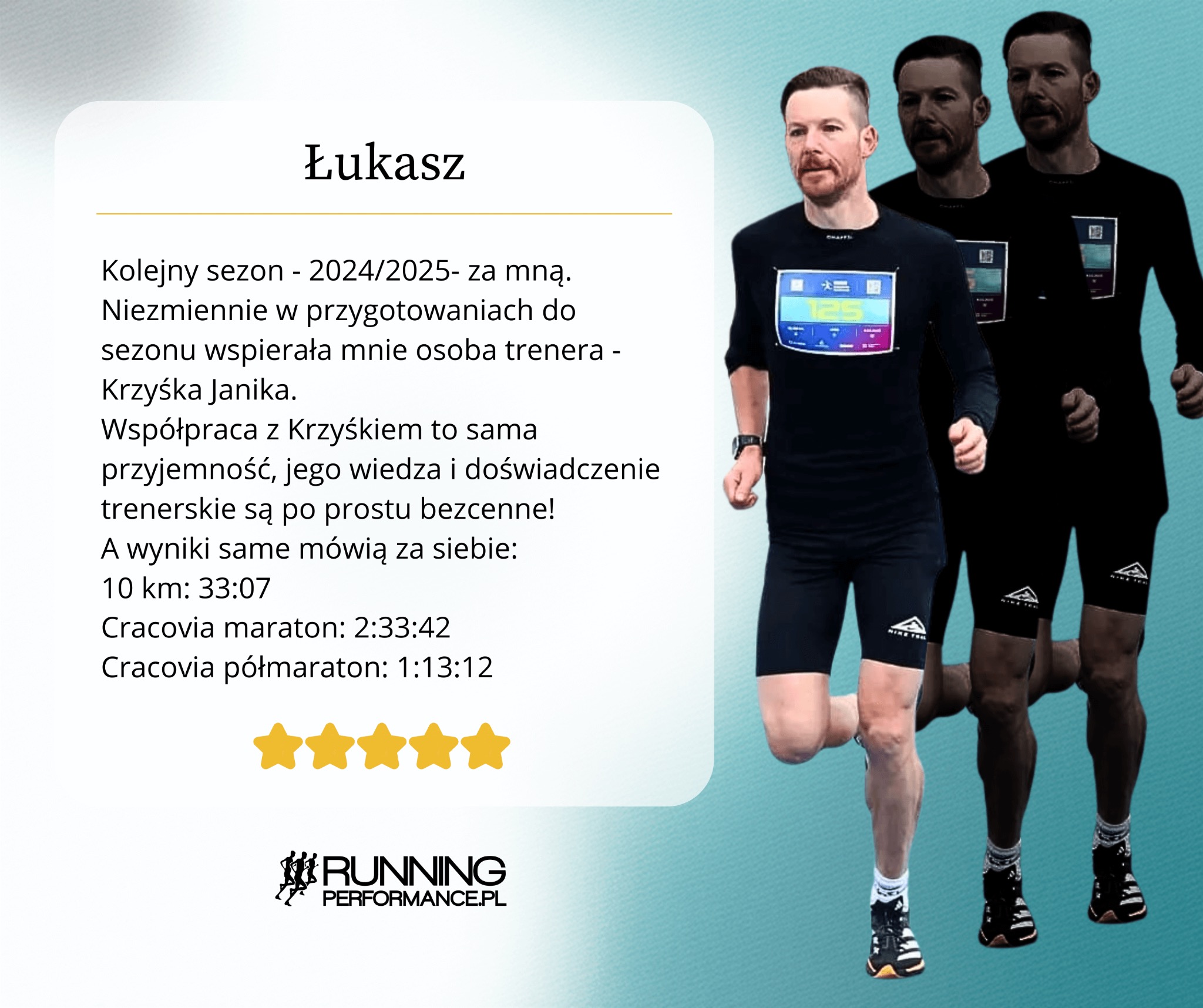 Trener biegania Łukasz w trakcie biegu, prezentujący wyniki sportowe i rekomendację trenera Krzyśka Janika. Widoczne logo Running Performance.