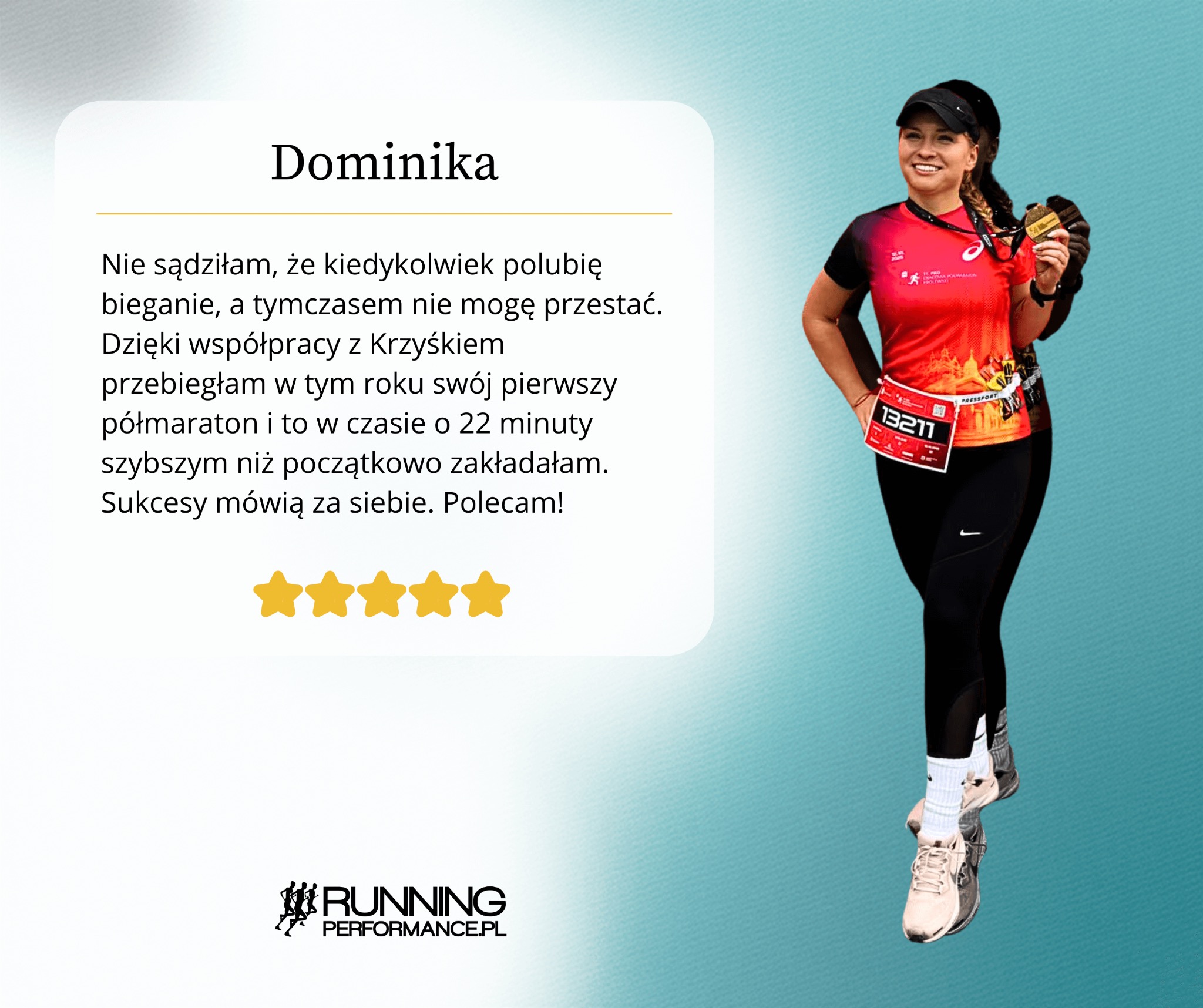 Kobieta w stroju biegowym z medalem, poleca współpracę z trenerem. Na grafice opinia Dominiki o postępach w bieganiu. Logo Running Performance.pl i ocena 4 gwiazdki.