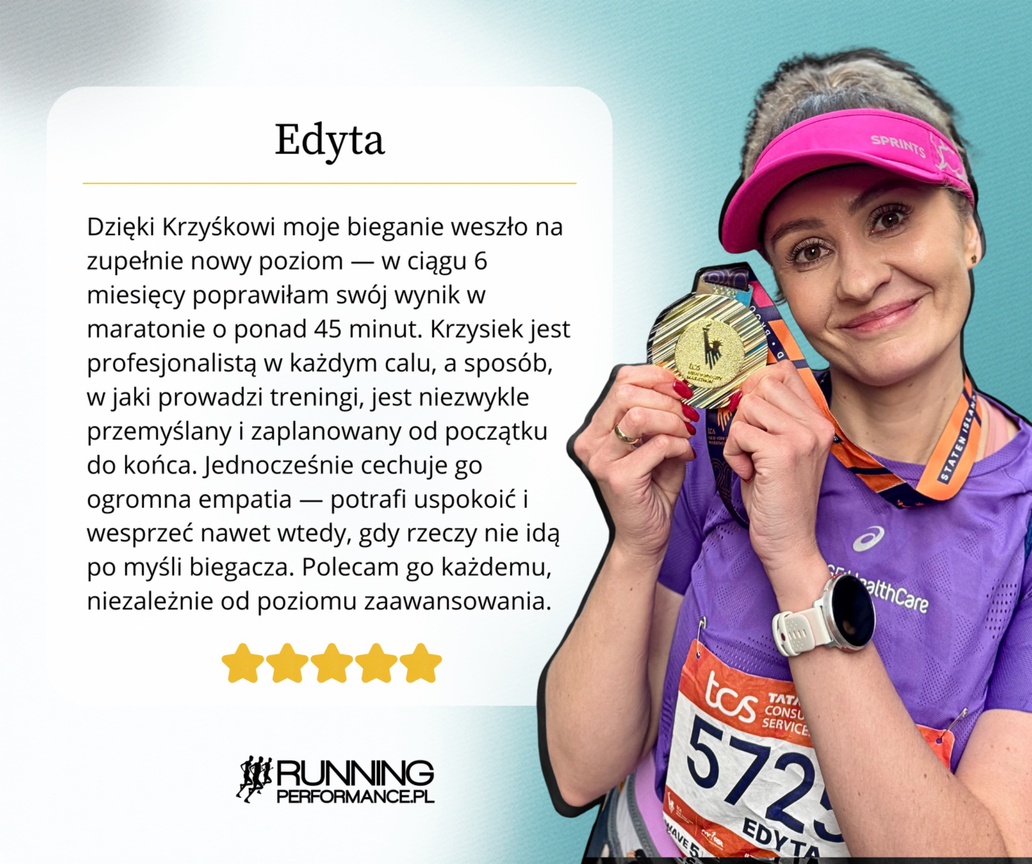 Uśmiechnięta biegaczka Edyta z medalem, w sportowym stroju, prezentuje pozytywną opinię o trenerze Krzyśku. W tle logo Running Performance i ocena 5 gwiazdek.