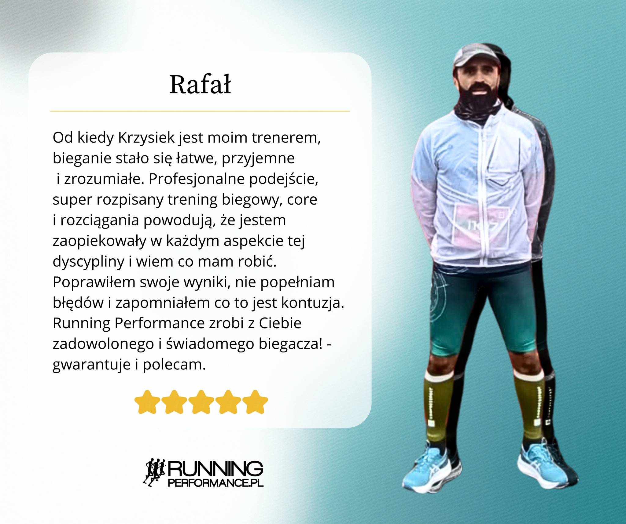 Opinia zadowolonego klienta z gwiazdkami i sylwetką biegacza w sportowym stroju. Rekomendacja treningu biegowego Running Performance.