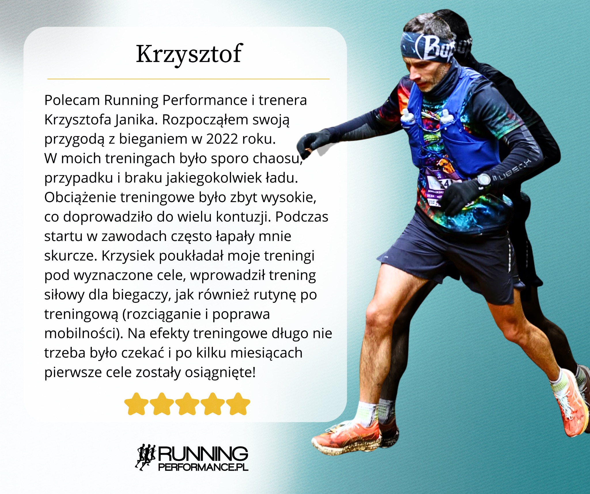 Opinia zadowolonego klienta o treningach biegowych, z tekstem rekomendacji, oceną na 4 gwiazdki i sylwetką biegacza w tle. Grafika w odcieniach błękitu.