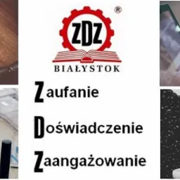 Kompozycja kolażu zdjęć: narzędzia na drewnianym stole, logo firmy ZDZ Białystok z hasłami zaufanie, doświadczenie, zaangażowanie, osoby pracujące przy laptopie nad dokumentami, filiżanka kawy...