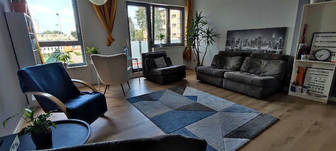 Jasne wnętrze pokoju z drewnianą podłogą, szarą sofą, fotelami w odcieniach szarości i niebieskiego, dywanem w geometryczne wzory oraz regałem z książkami i dekoracjami.