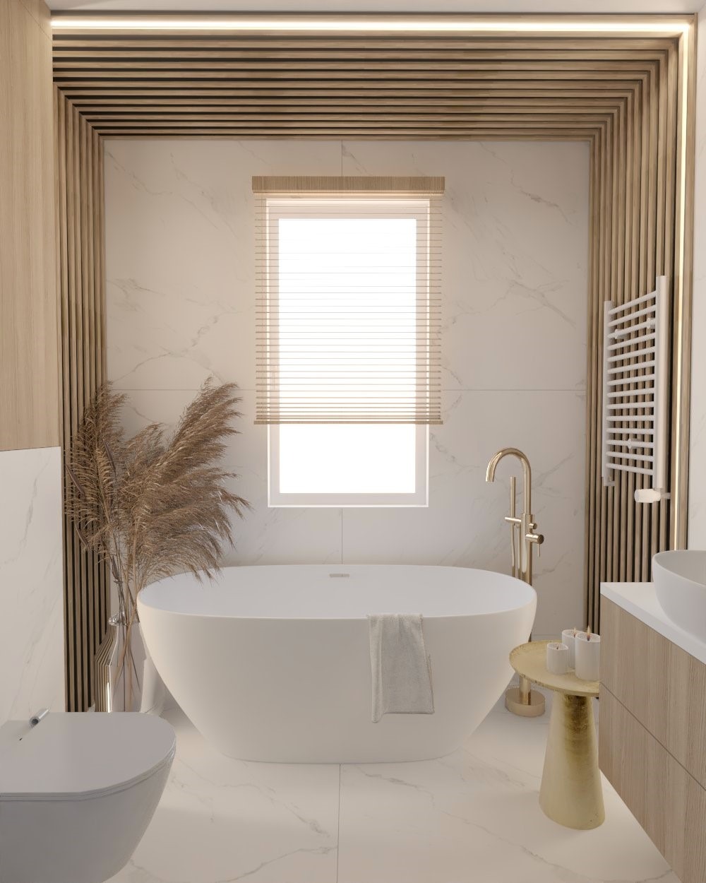 Nowoczesna łazienka z wolnostojącą białą wanną, złotą armaturą i dekoracyjnymi elementami drewnianymi na ścianach i suficie, uzupełniona o pampasową trawę w wazonie.