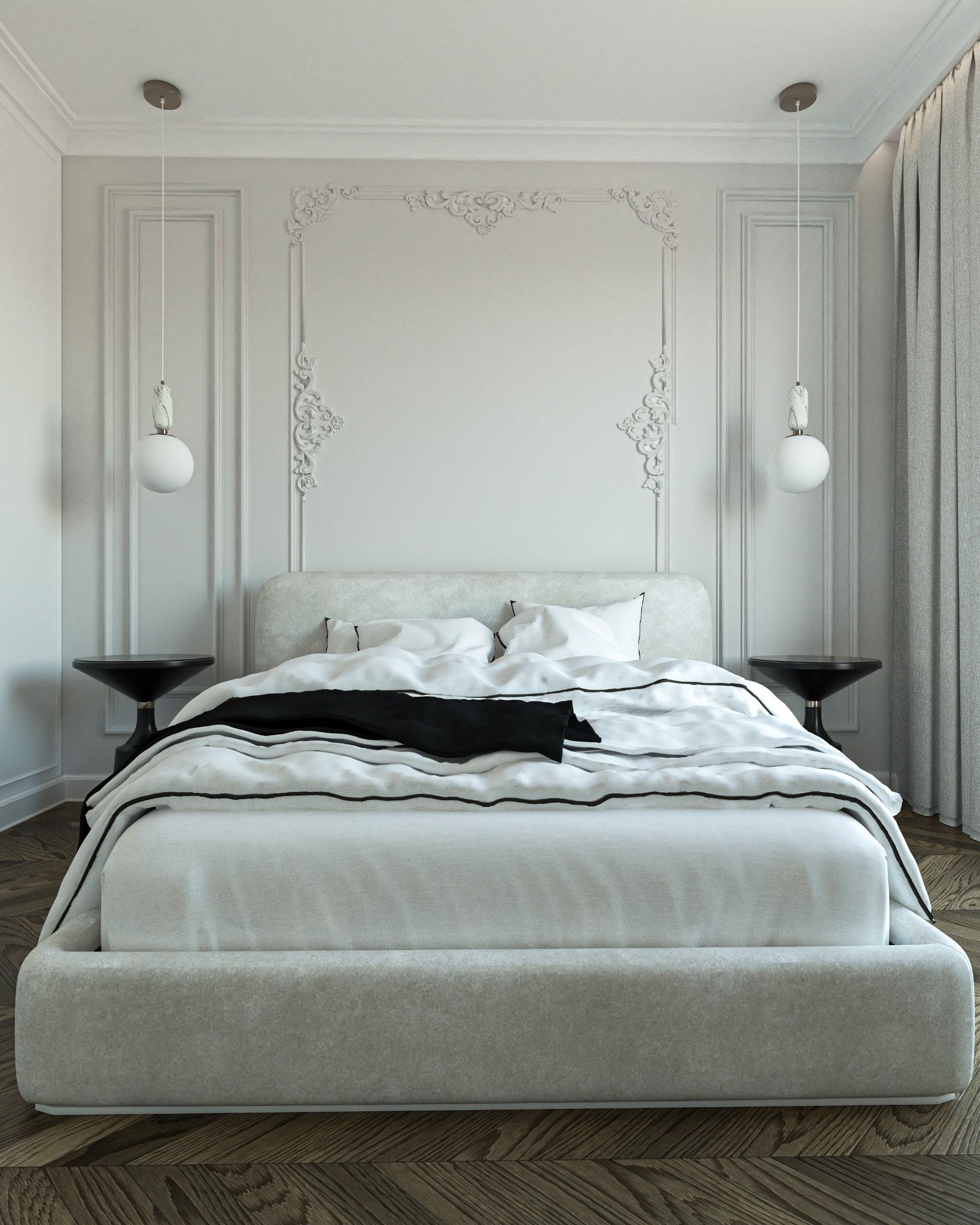 Elegancka sypialnia w odcieniach bieli z dekoracyjnymi sztukateriami na ścianie, drewnianą podłogą w jodełkę i nowoczesnymi lampami wiszącymi po bokach łóżka.