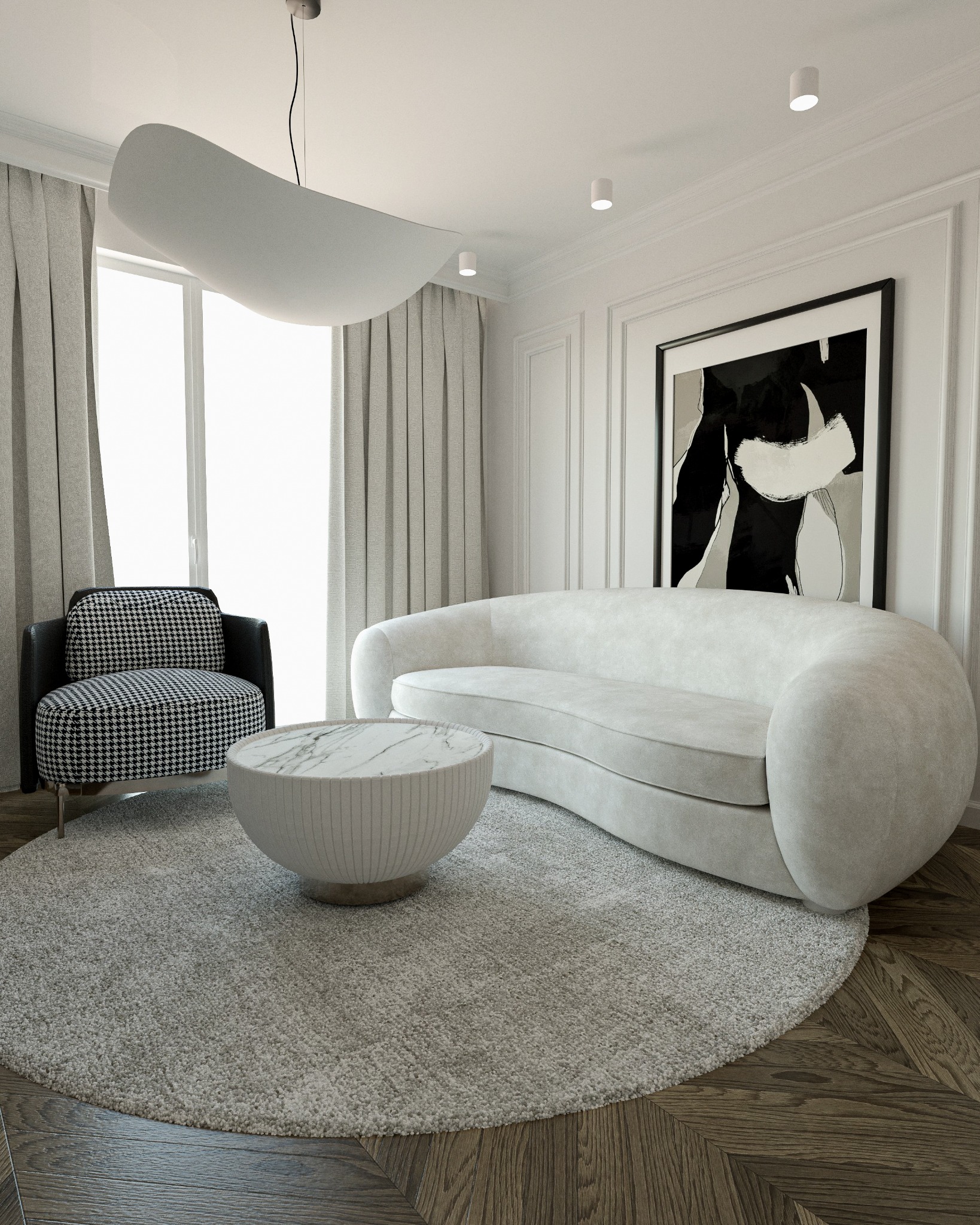 Wizualizacja salonu z zaokrągloną, kremową sofą, marmurowym stolikiem kawowym, fotel w pepitkę i abstrakcyjnym obrazem w czarnej ramie na ścianie z białymi panelami.