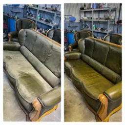 Porównanie: Zielona skórzana sofa i fotel przed i po czyszczeniu, widoczne różnice w odcieniu i usunięte plamy, warsztatowe tło.