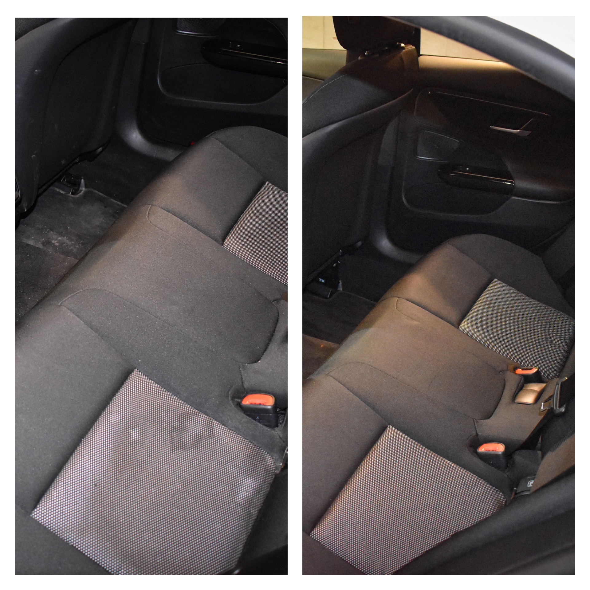 Porównanie tylnej kanapy samochodowej przed i po czyszczeniu, widoczne różnice w czystości tapicerki i dywaników.