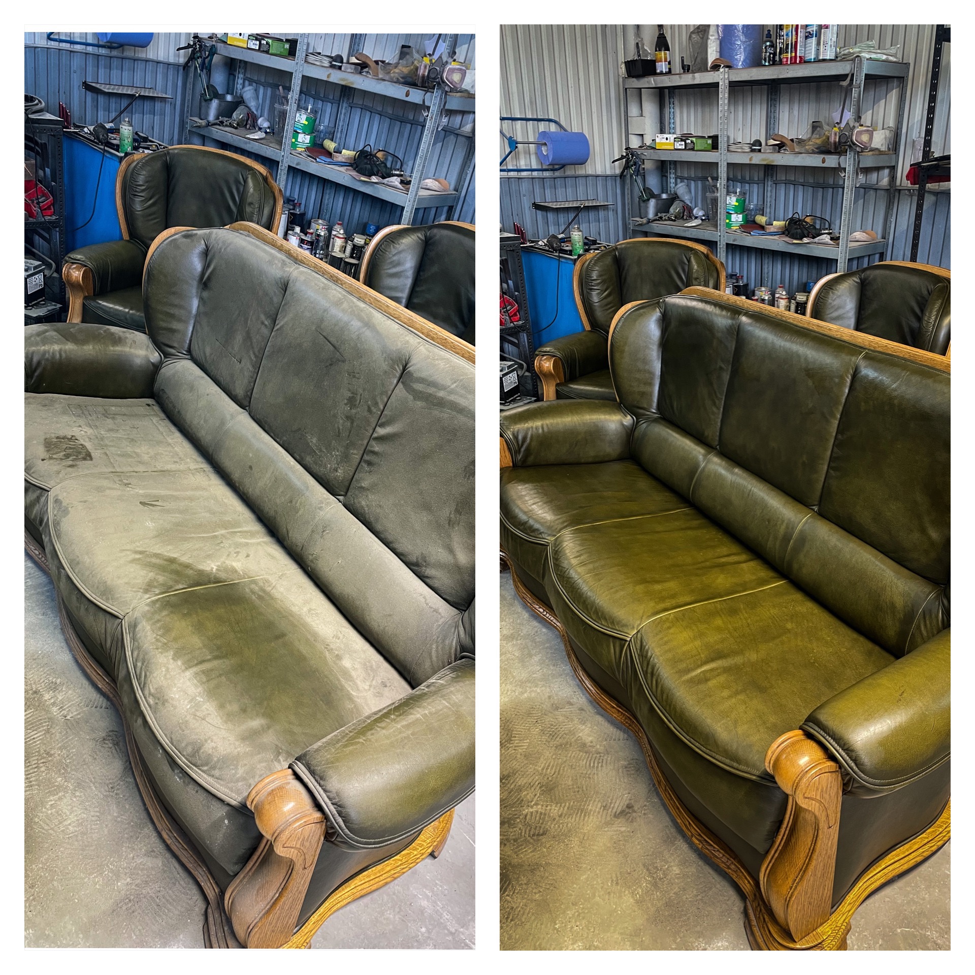 Porównanie: Zielona skórzana sofa i fotel przed i po czyszczeniu, widoczne różnice w odcieniu i usunięte plamy, warsztatowe tło.