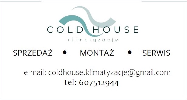 Wizytówka firmy Cold House Klimatyzacje z logo przedstawiającym stylizowane fale, oferującej sprzedaż, montaż i serwis klimatyzacji. Zawiera adres e-mail i numer telefonu.