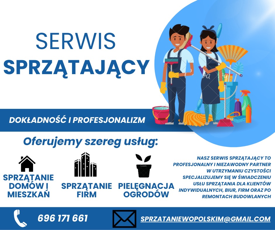 Ilustracja reklamowa serwisu sprzątającego z uśmiechniętą parą w strojach roboczych, wiaderkiem, mopem i środkami czystości na tle błękitnego okręgu, poniżej ikony usług: dom, biurowiec i roślina...