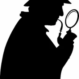 Czarna sylwetka mężczyzny w kapeluszu Deerstalker, palącego fajkę i trzymającego szkło powiększające.