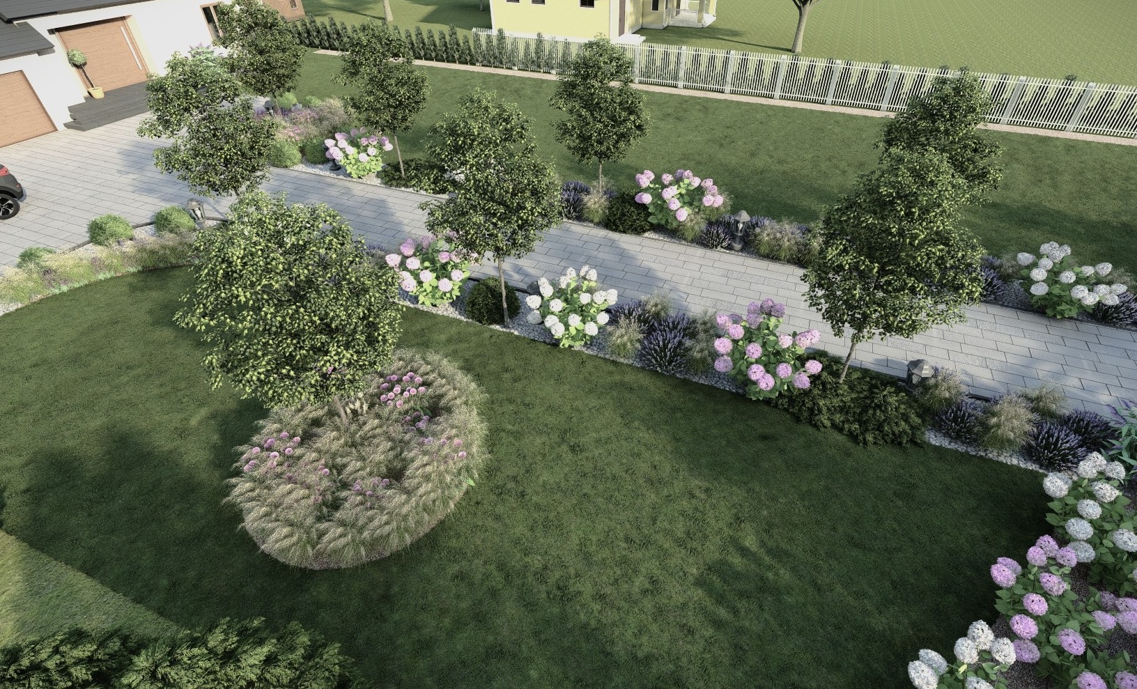 Projekt ogrodu z widokiem z góry: ścieżka z jasnych płyt, obrzeża z kamieni, rabaty z hortensjami w odcieniach bieli i różu, ozdobne trawy i młode drzewa.