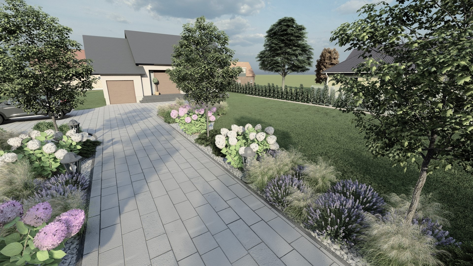 Wizualizacja ogrodu przed domem z brukowanym podjazdem, rabatami z hortensjami, lawendą i trawami ozdobnymi, oświetleniem ogrodowym oraz trawnikiem z żywopłotem.