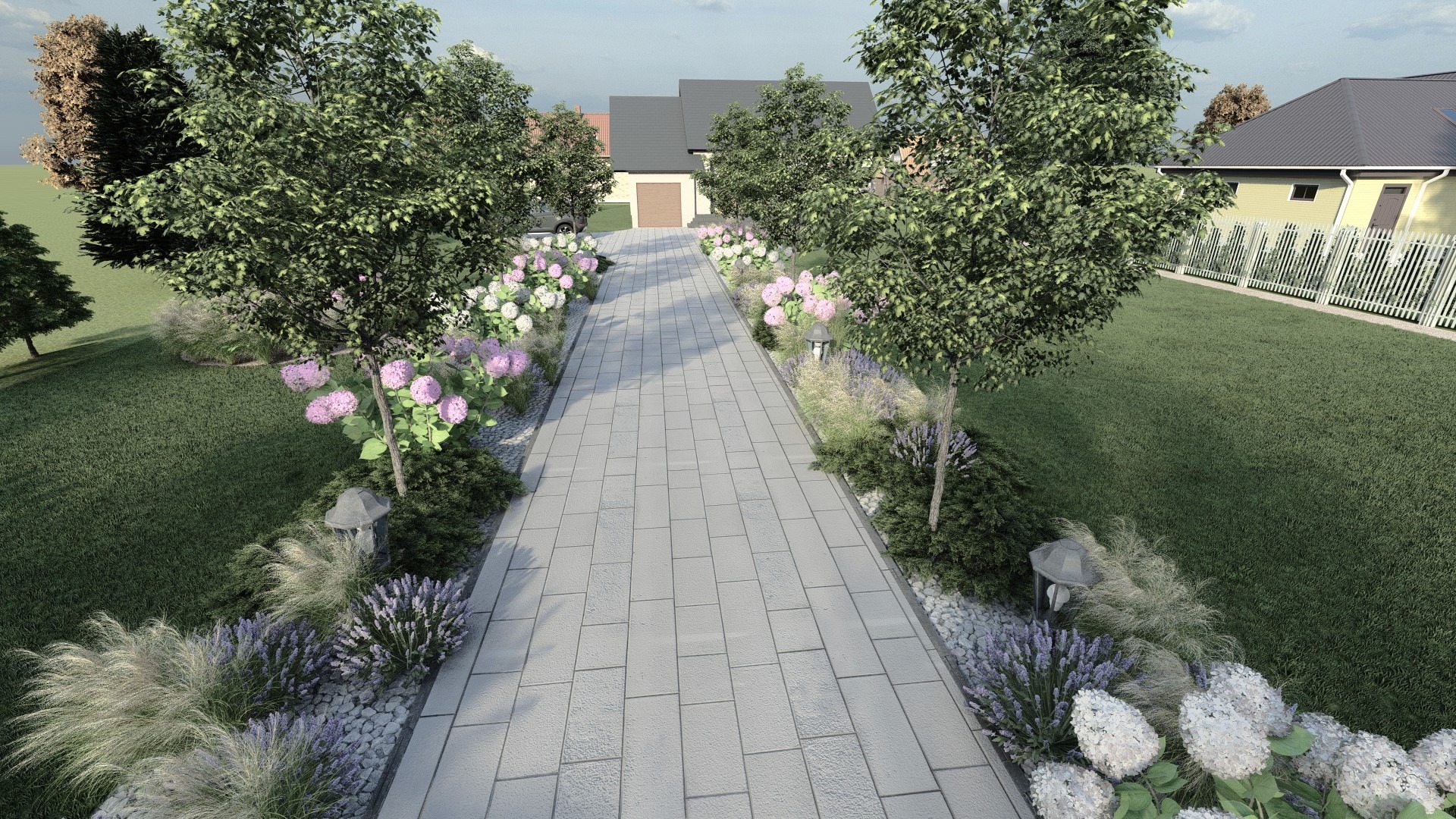 Wizualizacja ogrodu z brukowaną ścieżką, obrzeżami z kamieni, hortensjami i lawendą, prowadząca do domu z garażem.