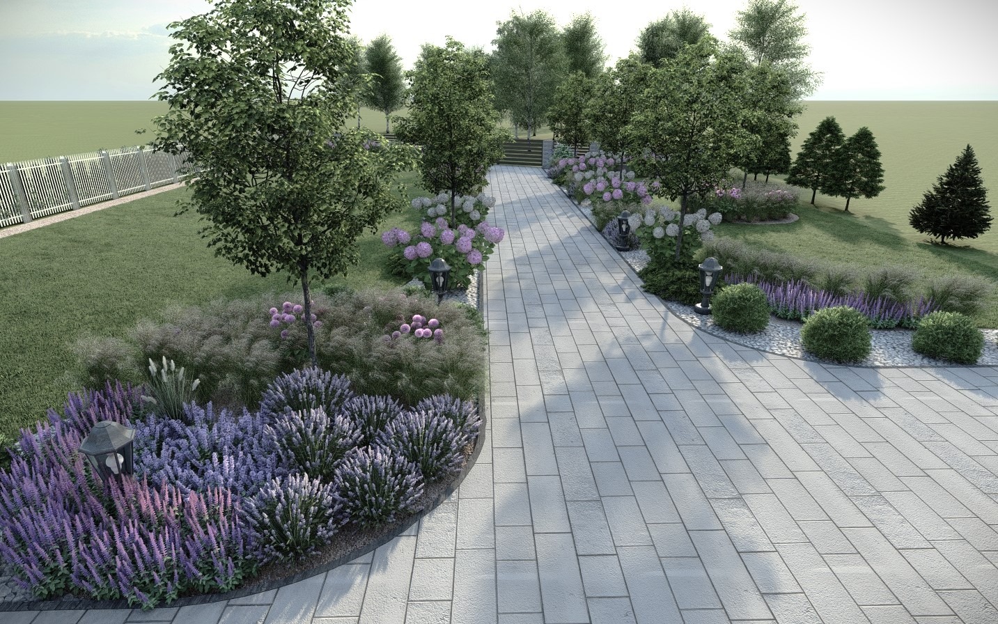 Wizualizacja ogrodu z ścieżką z szarych płyt, rabatami z lawendy i hortensji, oświetleniem ogrodowym oraz trawnikiem z białym płotem w tle.