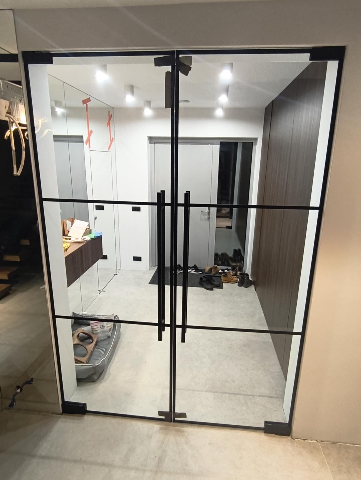 Nowoczesne, dwuskrzydłowe drzwi szklane z czarnymi szprosami, widok na przedpokój z szafą i lustrem. W tle widoczne buty i legowisko dla psa.