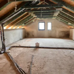 Poddasze w trakcie prac wykończeniowych: surowe ściany z widocznymi śladami tynku, odsłonięta drewniana konstrukcja dachu, widoczne instalacje elektryczne i sanitarne na podłodze. Dwa okna...