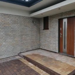 Wykończona elewacja domu jednorodzinnego z cegły klinkierowej w odcieniach beżu i brązu, widoczna część dachu z czarną dachówką, nowoczesne drzwi wejściowe z elementami stali nierdzewnej...