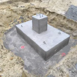 Betonowy fundament z wystającymi śrubami kotwiącymi w wykopie ziemnym, widoczne czerwone oznaczenia geodezyjne.