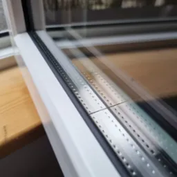 Szczegółowe ujęcie okna PCV z widoczną uszczelką i aluminiowymi elementami konstrukcyjnymi, odbijającymi światło dzienne.
