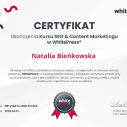 Certyfikat ukończenia kursu SEO i Content Marketingu w WhitePress dla Natalii Bieńkowskiej, z numerem certyfikatu WP-230413-2028-151564 i datą wydania 2023-04-01.