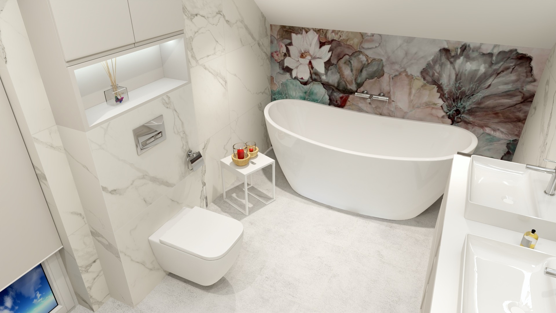 Nowoczesna łazienka z wolnostojącą wanną na tle ściany z motywem kwiatowym, białą armaturą i marmurowymi płytkami.