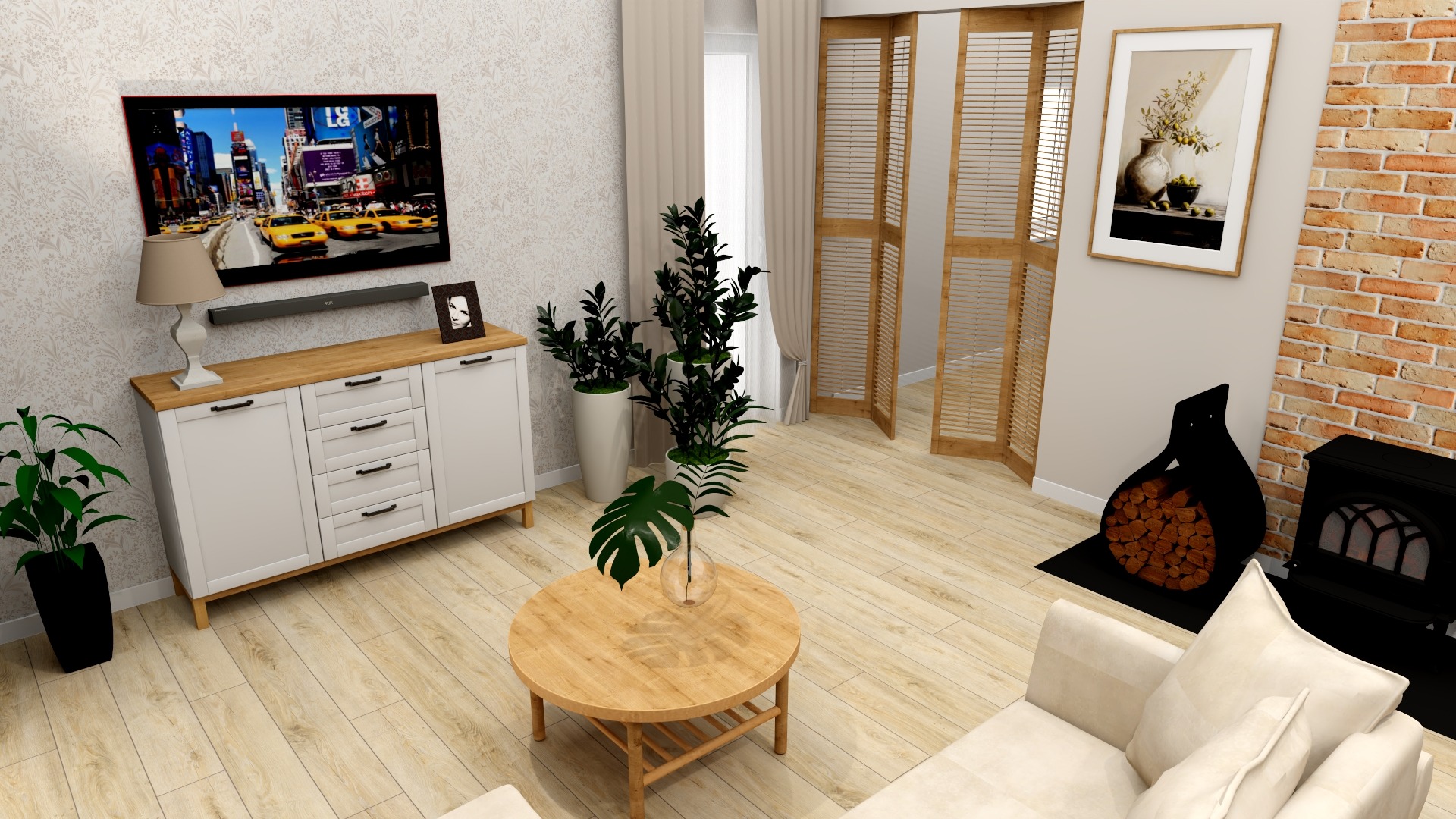 Wizualizacja salonu w Szczecinie z komodą, telewizorem z widokiem na Times Square, drewnianym stolikiem kawowym z rośliną w wazonie i kominkiem obok ściany z cegły.