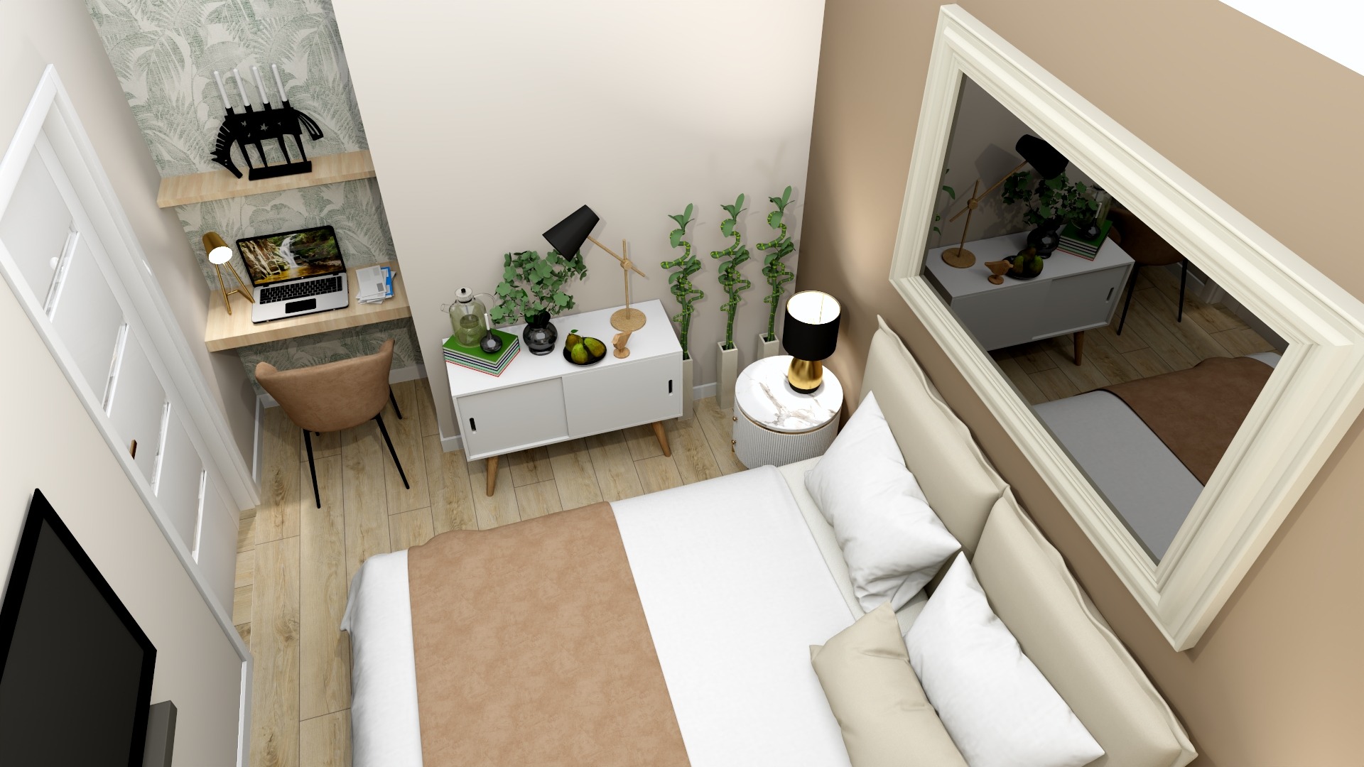 Wizualizacja sypialni z miejscem do pracy: biurko z laptopem, biała komoda z dekoracjami, łóżko z beżowo-białą pościelą, lustro w ozdobnej ramie