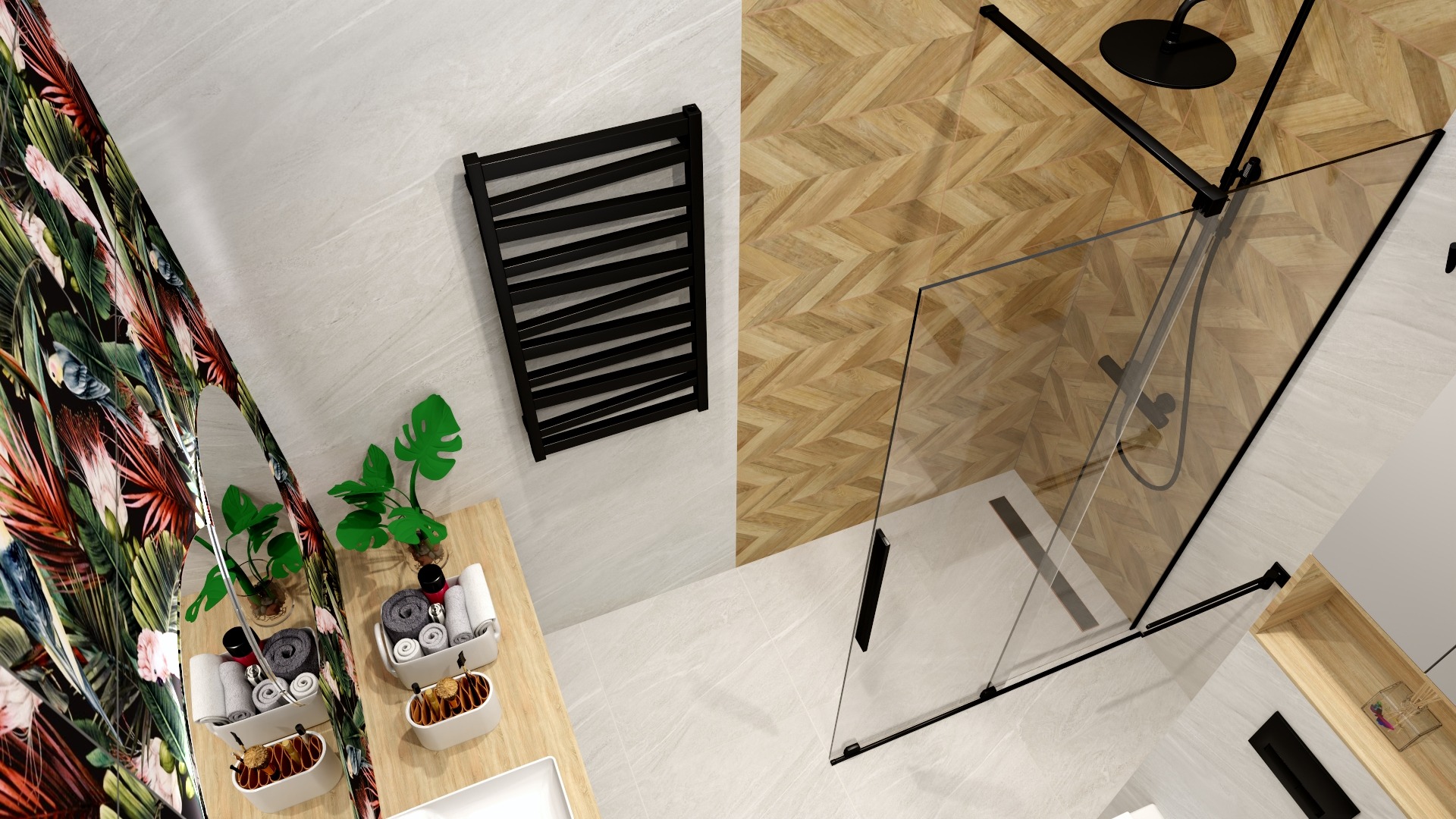 Wizualizacja łazienki z kabiną prysznicową z czarnymi profilami, grzejnikiem drabinkowym o asymetrycznym układzie szczebli, lustrem z tropikalnym wzorem i drewnianą podłogą ułożoną w jodełkę.