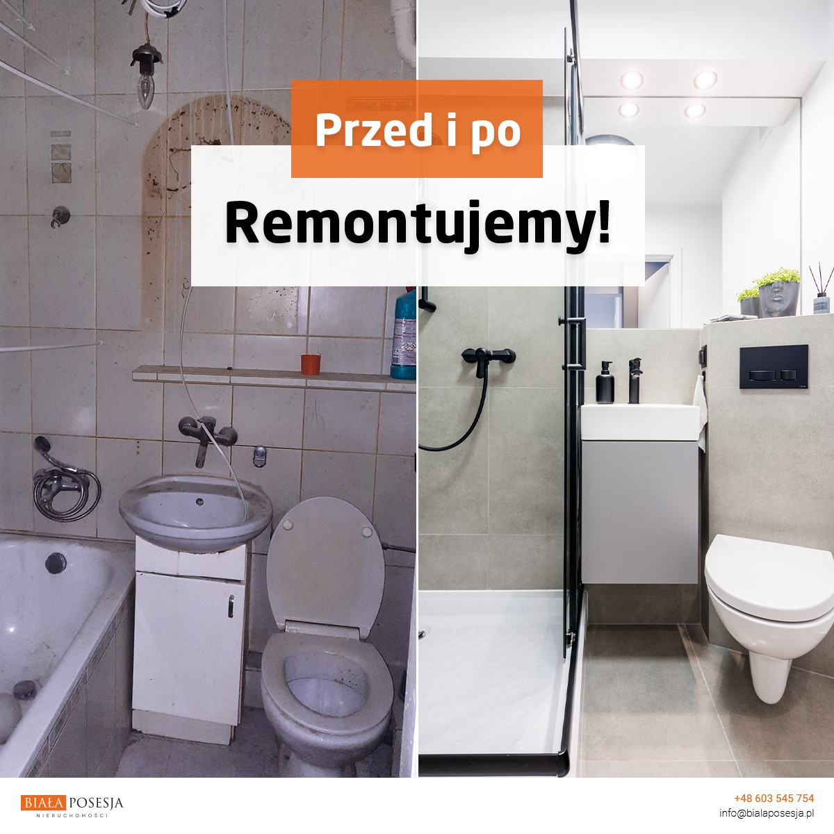 Porównanie 'przed i po' remontu łazienki w Bydgoszczy: zaniedbane wnętrze z wanną i toaletą kontra nowoczesna kabina prysznicowa i minimalistyczna toaleta.