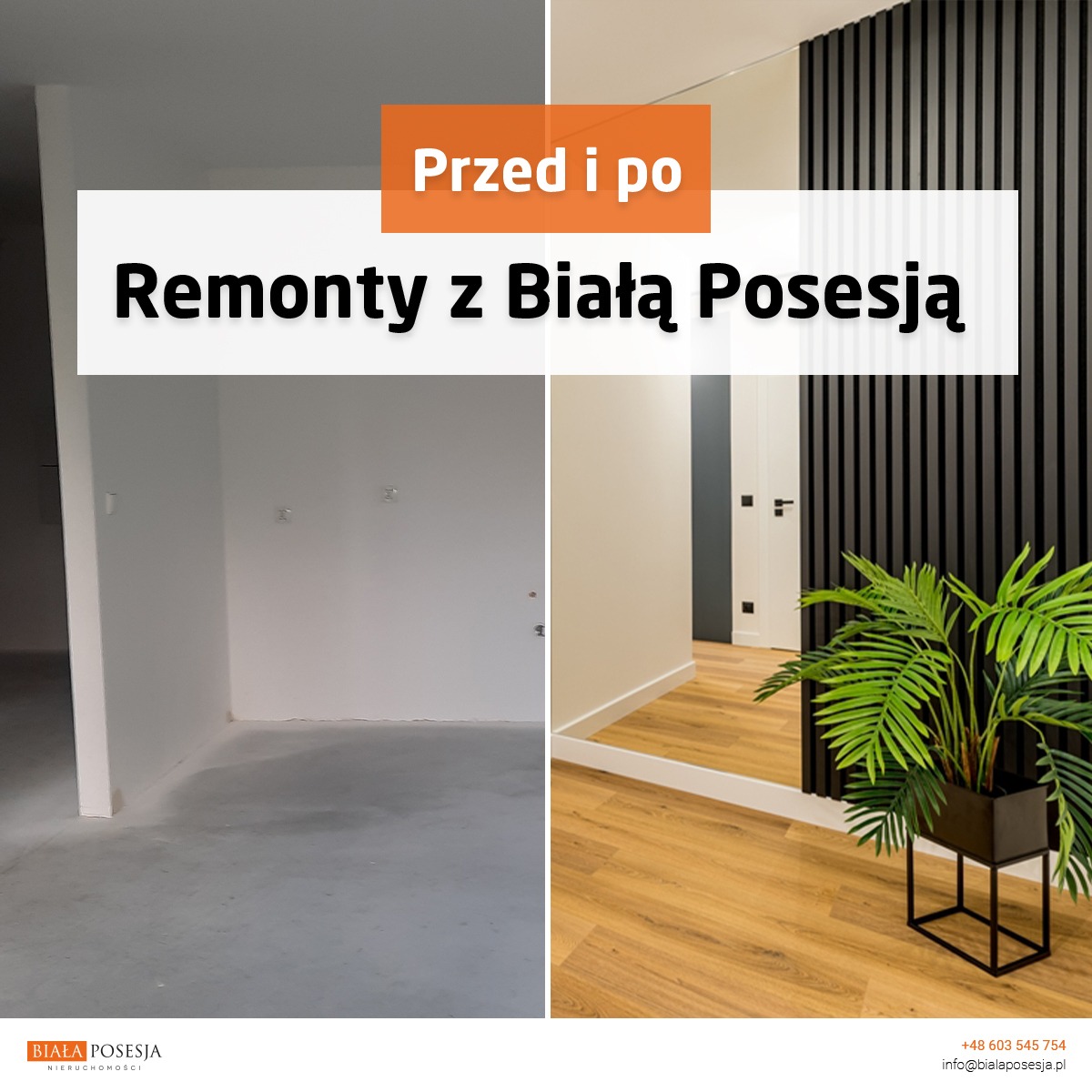 Zdjęcie typu 'przed i po' prezentujące puste pomieszczenie z surowym betonem zestawione z wyremontowanym wnętrzem z drewnianą podłogą, czarnymi lamelami na ścianie i rośliną doniczkową.