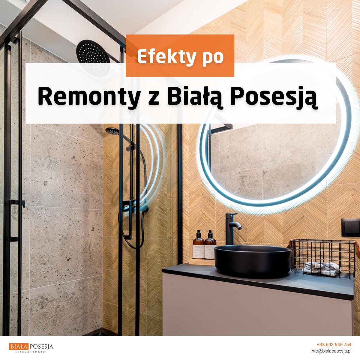 Nowoczesna łazienka po remoncie, z kabiną prysznicową z czarnymi ramami, okrągłym podświetlanym lustrem nad czarną umywalką nablatową i dekoracyjnymi płytkami na ścianach.