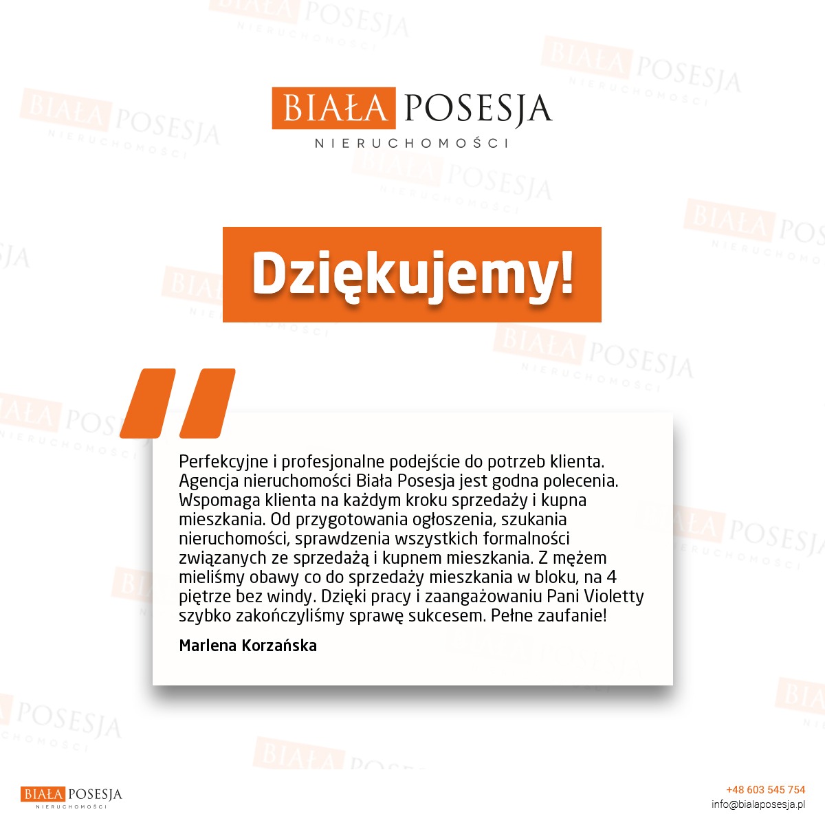 Referencje od zadowolonej klientki Marleny Korzańskiej dla agencji nieruchomości Biała Posesja, podkreślające profesjonalizm i pomoc w procesie sprzedaży i kupna mieszkania, szczególnie w trudnych...