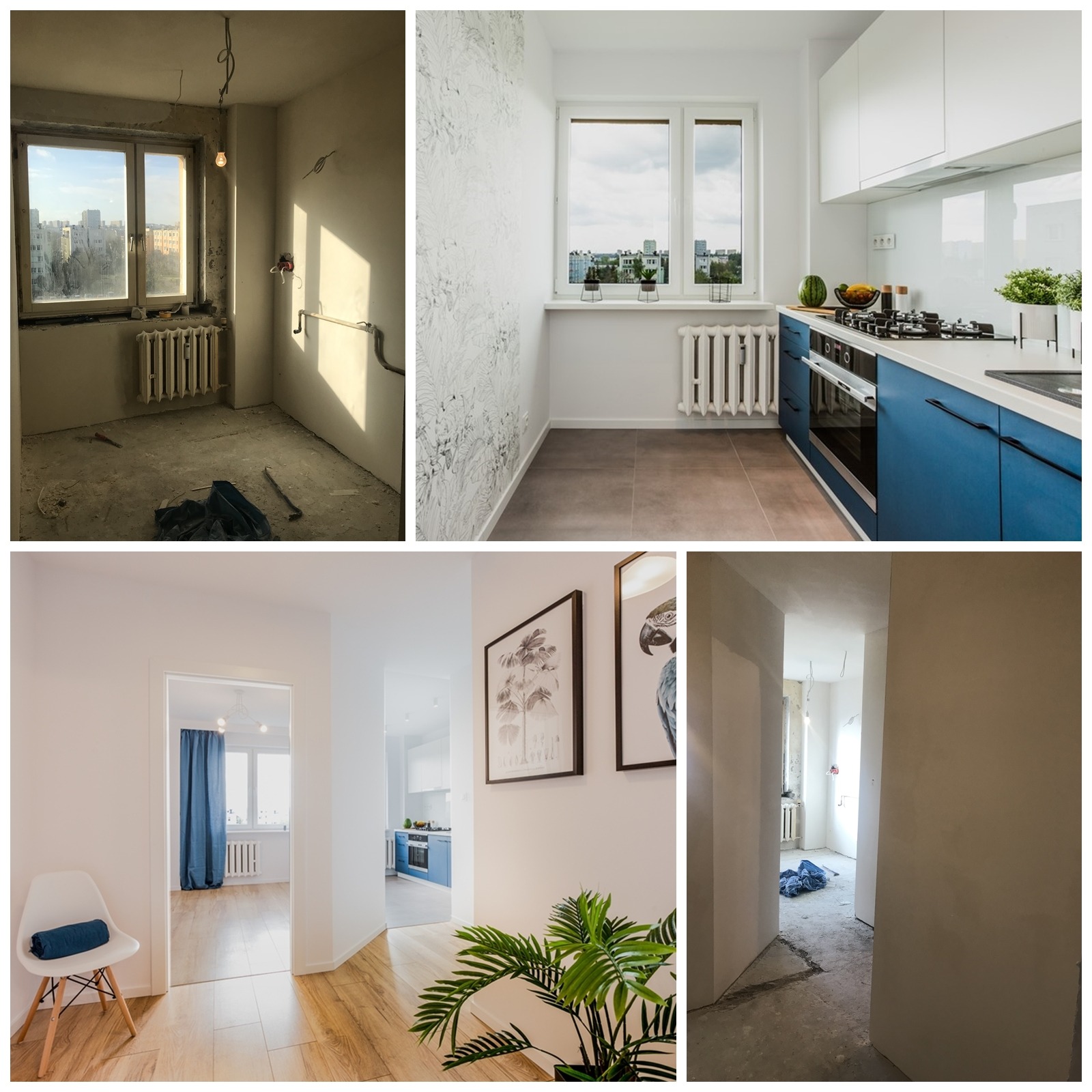 Kolaż przedstawiający remont mieszkania: stan surowy po lewej, wykończona kuchnia z niebieskimi szafkami i białymi górnymi szafkami po prawej, oraz wykończony korytarz z drewnianą podłogą...