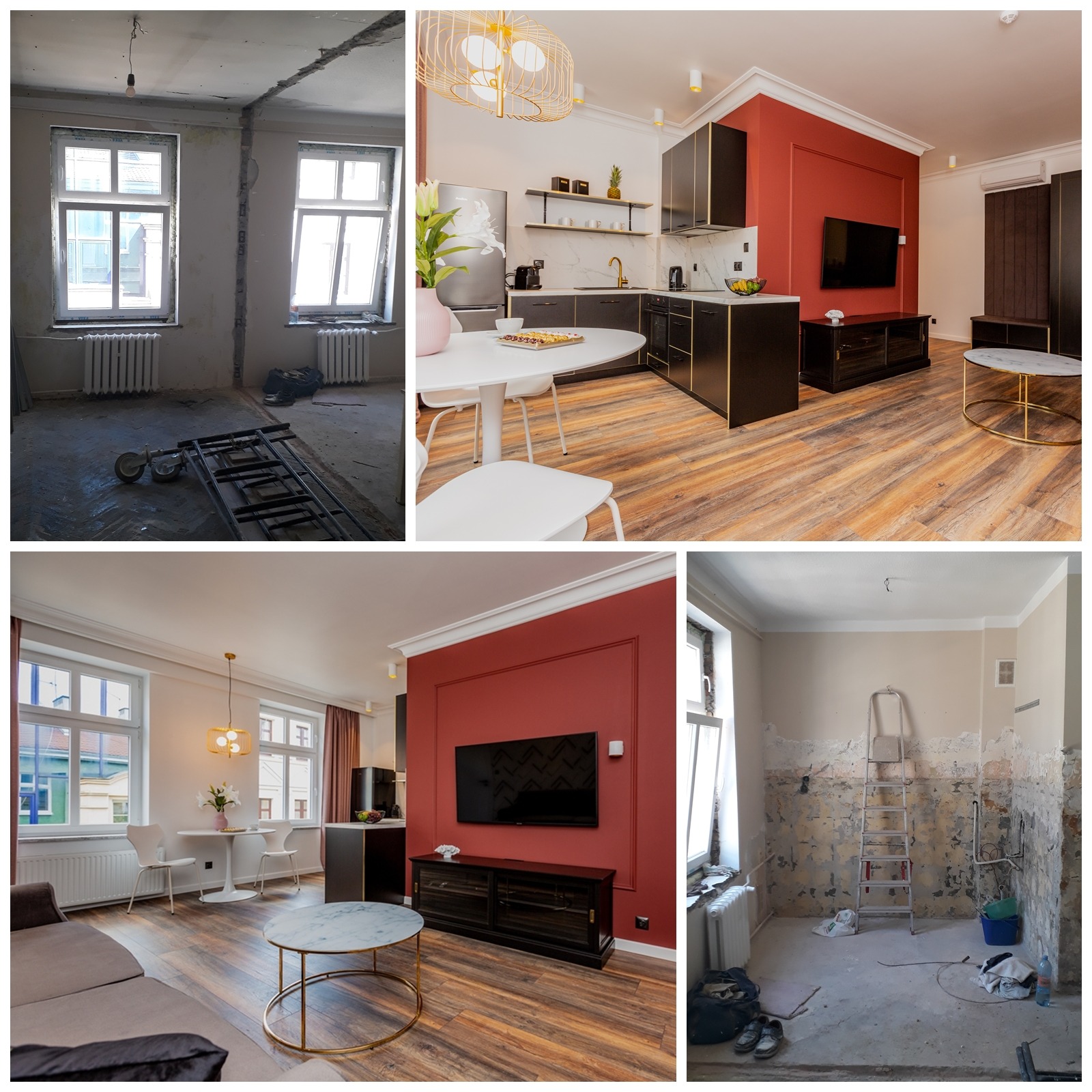 Porównanie stanu mieszkania przed i po remoncie: surowe wnętrze z odsłoniętymi ścianami zestawione z nowoczesnym, umeblowanym salonem z aneksem kuchennym w odcieniach czerwieni, czerni i złota.