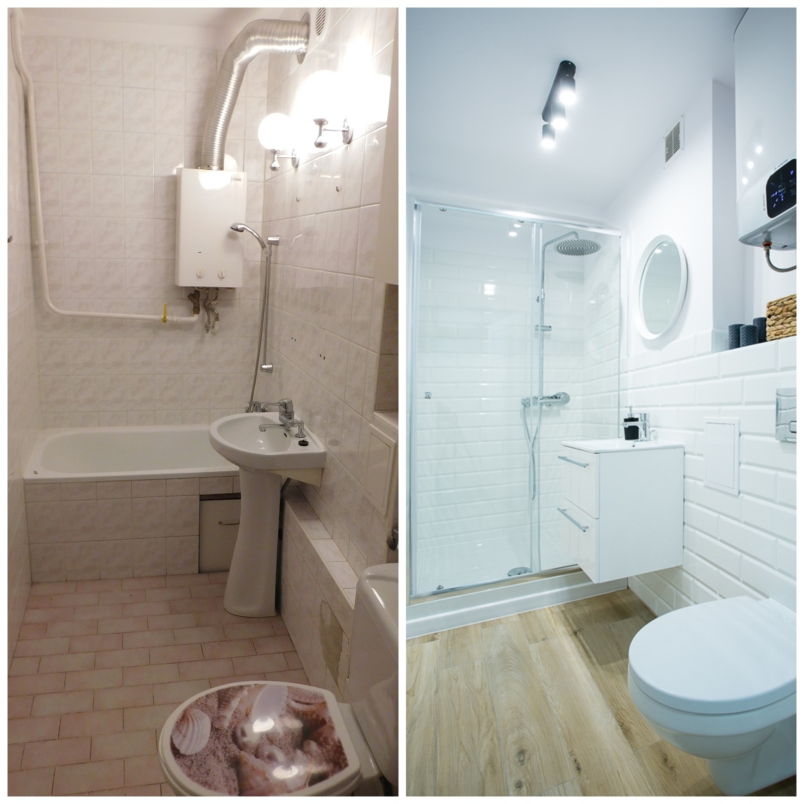Porównanie łazienki przed i po remoncie: po lewej starsza łazienka z wanną, piecykiem gazowym i umywalką na postumencie, po prawej nowoczesna łazienka z kabiną prysznicową, podwieszaną szafką...