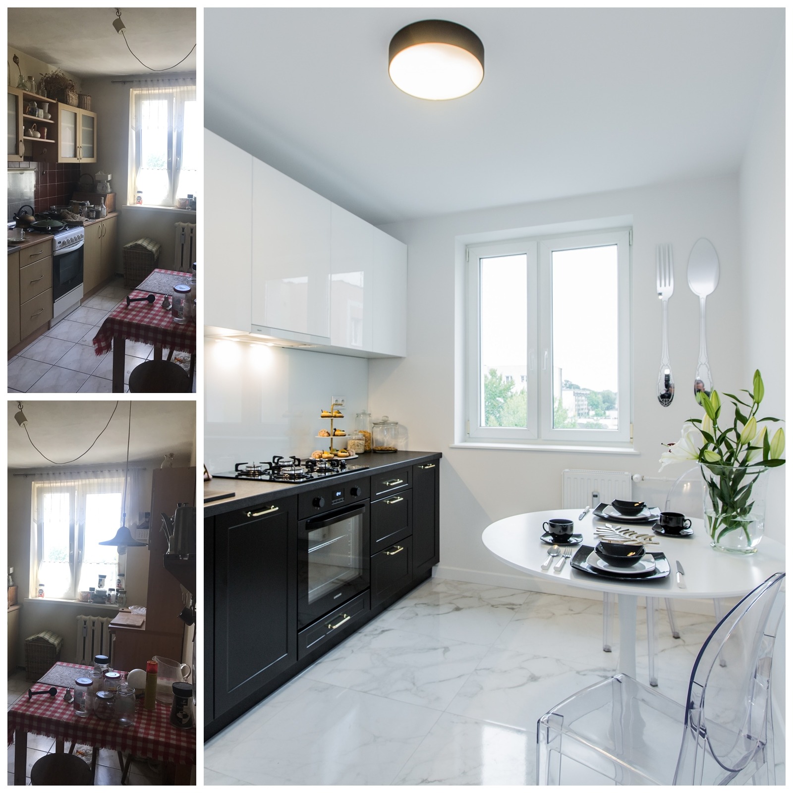 Kolaż przedstawiający metamorfozę kuchni: po lewej stara, zagracona kuchnia z meblami w odcieniach beżu i brązu, po prawej nowoczesna, minimalistyczna kuchnia w bieli i czerni z marmurową podłogą...