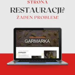 Laptop wyświetla stronę internetową restauracji 'Garmarka' z Gdańska, oferującą kuchnię polską, z widocznymi zdjęciami pierog&oacute;w i tekstem 'Przez żołądek do serca!'