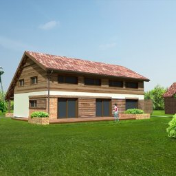 MIKOSTUDIO arch. Krzysztof Pocałujko - Wizualizacja dwukondygnacyjnego domu z drewnianą elewacją, czerwoną dachówką i tarasem, na tle zielonego trawnika i bocianiego gniazda.