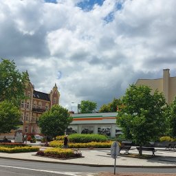 MIKOSTUDIO arch. Krzysztof Pocałujko - Miejski plac z rabatami kwiatowymi, ławkami i drzewami w słoneczny dzień pod pochmurnym niebem.